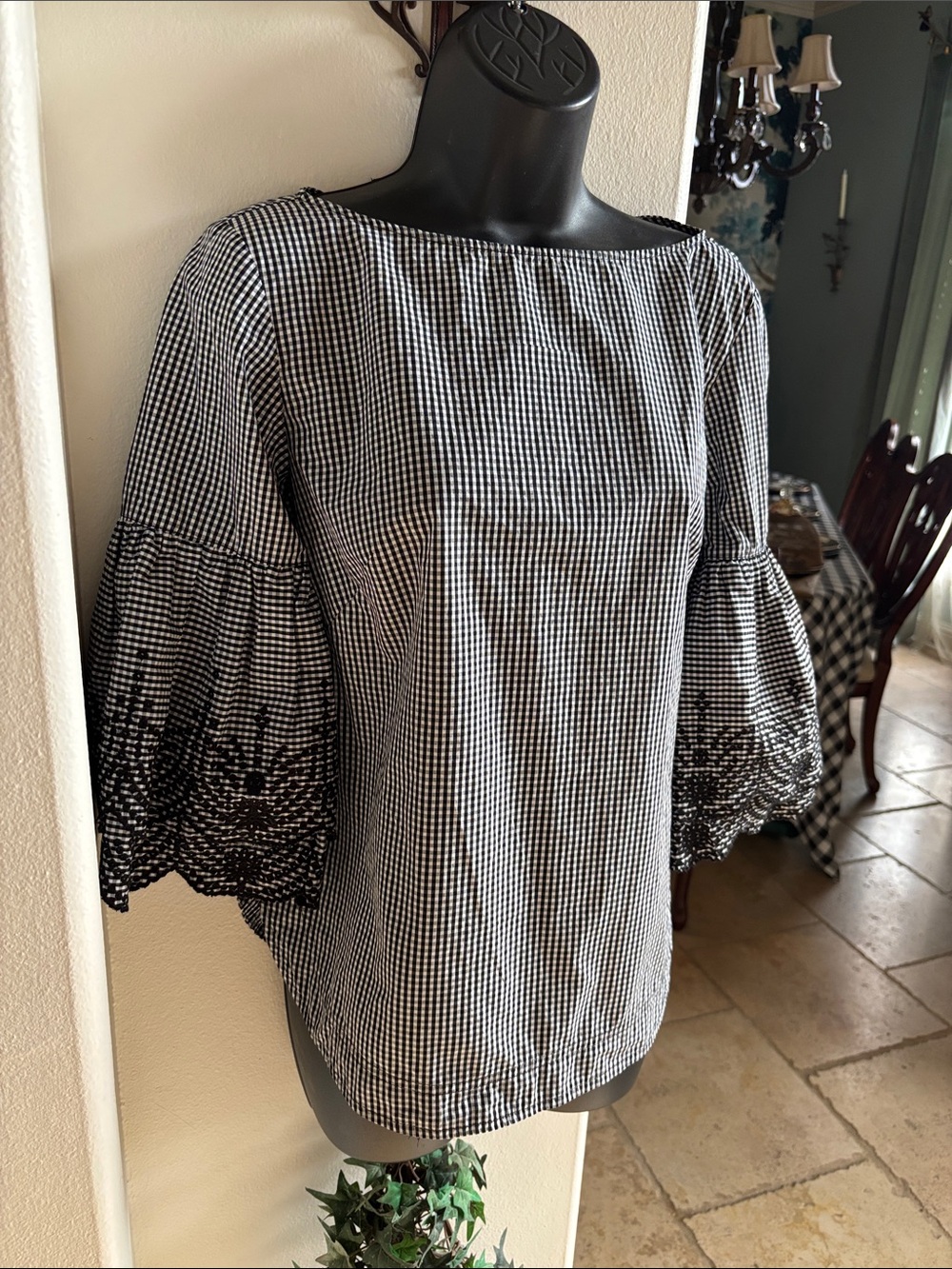 Ralph Lauren Black & White Gingham Bell-Sleeve Blouse